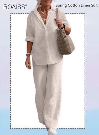 Ladies Comfortable Cotton Linen 2 Piece Suit for Daily Commute, Shirt and Wide Leg Pants Set with Simple Loose Fit Design for Leisure, Women's Two-Piece Long-Sleeved Shirt Set, Beige - view 3