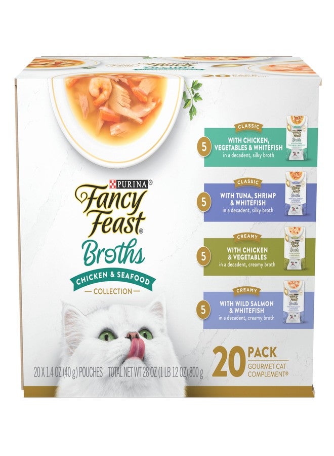 Fancy Feast Purina Fancy Feast Broth Complement Chicken and Seafood Lickable Grain Free Wet Cat Food Variety Pack - (Pack of 20) 1.4 oz. Pouches - Image 1