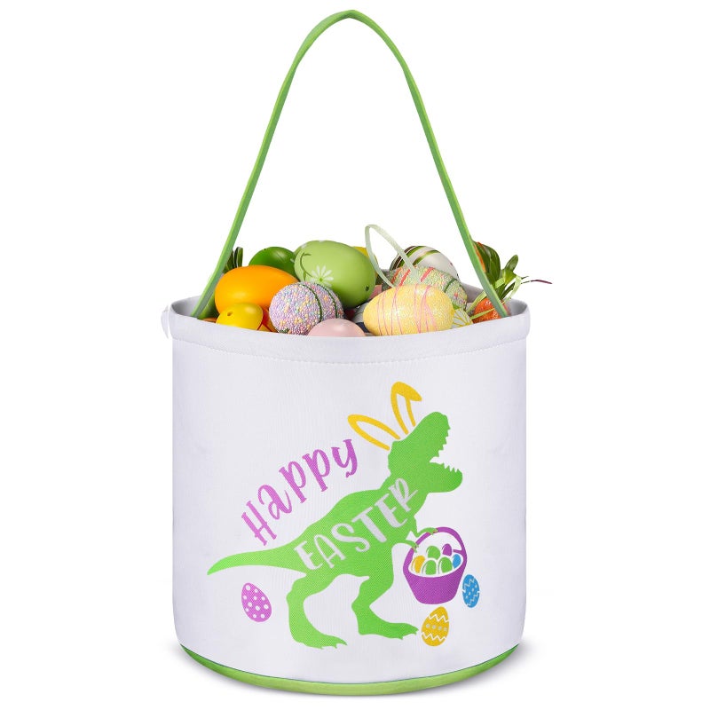 Cosblank Easter Baskets with Handle Dinosaur Canvas Eggs Hunt Bag Gifts Bucket Tote for Easter Party1 PcsGreen - Image 2