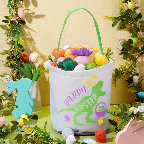 Cosblank Easter Baskets with Handle Dinosaur Canvas Eggs Hunt Bag Gifts Bucket Tote for Easter Party1 PcsGreen - Image 3