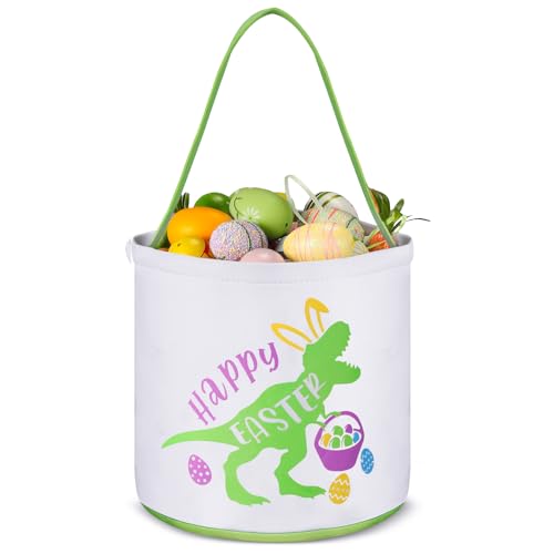 Cosblank Easter Baskets with Handle Dinosaur Canvas Eggs Hunt Bag Gifts Bucket Tote for Easter Party1 PcsGreen - Image 1