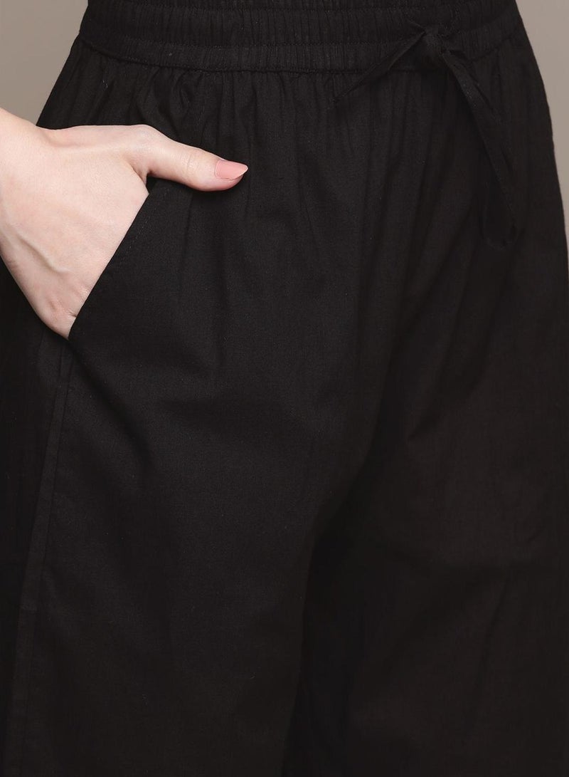 ISHIN Women's Black Cotton Self Designed Tunic Upper Full Length Palazzo Bottom Regular Fit Kurta Set - Image 4