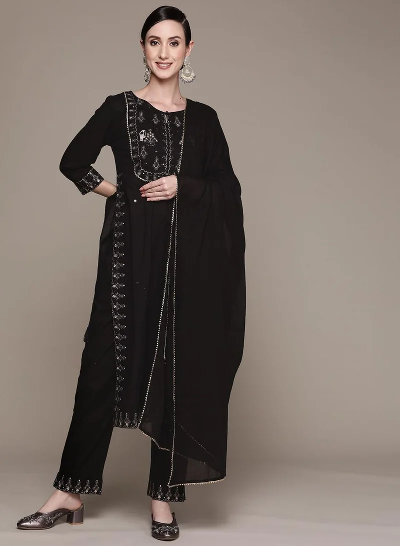 ISHIN Women's Black Cotton Self Designed Tunic Upper Full Length Palazzo Bottom Regular Fit Kurta Set