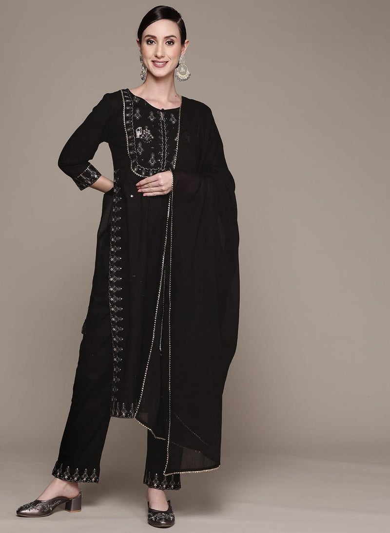 ISHIN Women's Black Cotton Self Designed Tunic Upper Full Length Palazzo Bottom Regular Fit Kurta Set - Image 1