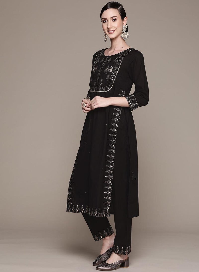 ISHIN Women's Black Cotton Self Designed Tunic Upper Full Length Palazzo Bottom Regular Fit Kurta Set - Image 5