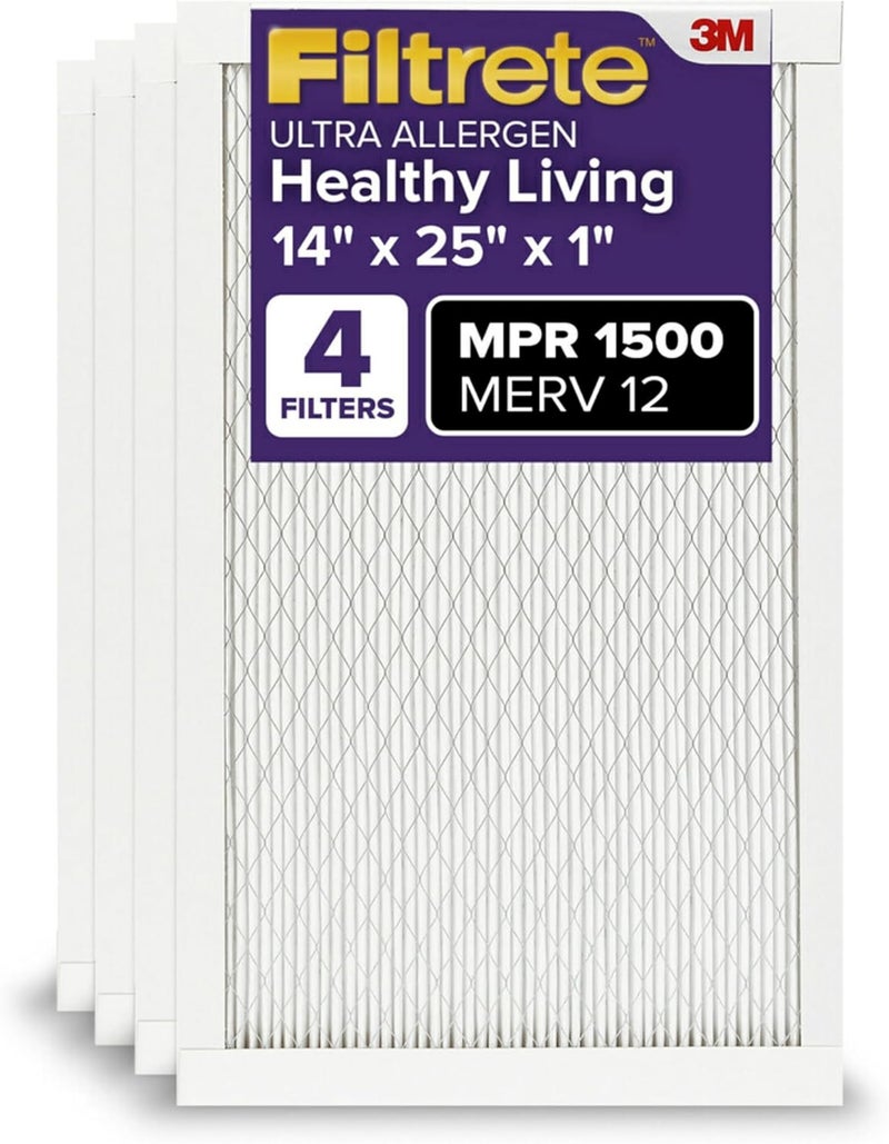 FILTRETE 14x25x1 AC Furnace Air Filter, MERV 12, MPR 1500, CERTIFIED asthma & allergy friendly, 3 Month Pleated 1-Inch Electrostatic Air Cleaning Filter, 4-Pack (Actual Size 13.81x24.81x0.78 in) - Image 1