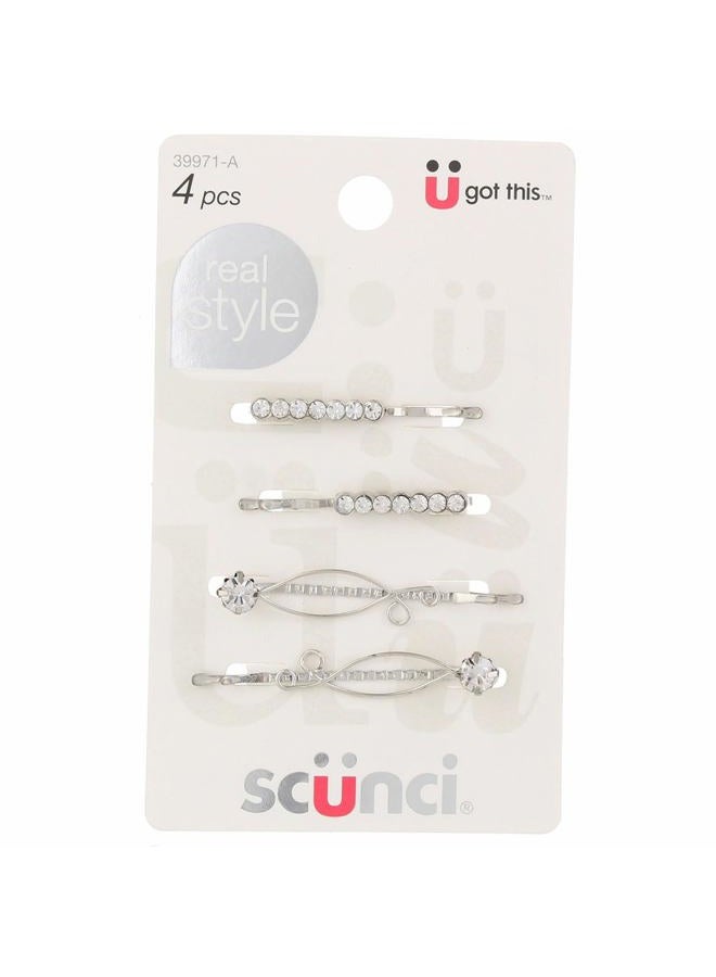 Scunci 4 Piece Rhinestone Slide Pins, Silver, 2 Sets, Adult Women, Formal Occasion, Elegant Style - Image 1