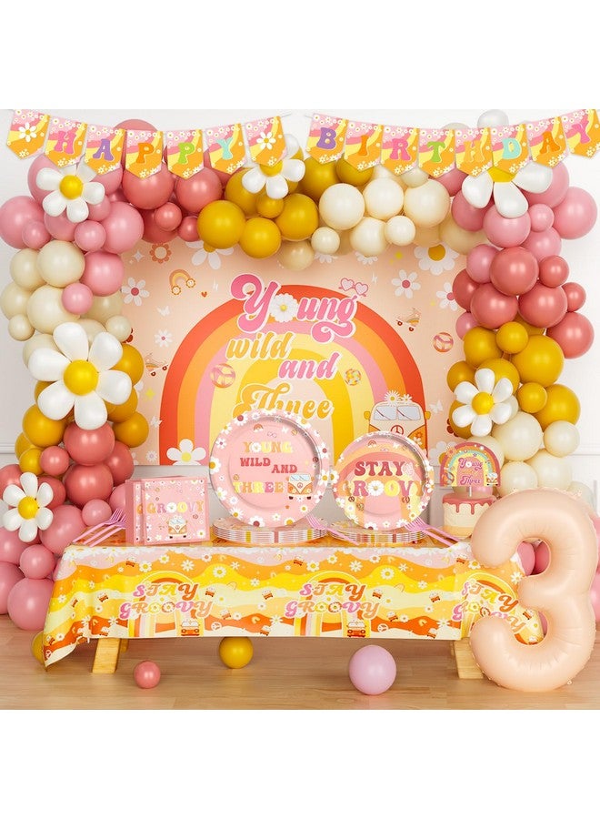 Hombae Young Wild and Three Party Decorations Girl, 3rd Birthday Decorations Girl, Boho Daisy Hippie Third Supplies, Retro Balloon Backdrop Banner Tablecloth Cake Topper Plates Napkins Forks 257 PC - Image 1