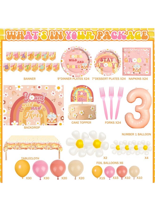 Hombae Young Wild and Three Party Decorations Girl, 3rd Birthday Decorations Girl, Boho Daisy Hippie Third Supplies, Retro Balloon Backdrop Banner Tablecloth Cake Topper Plates Napkins Forks 257 PC - Image 2