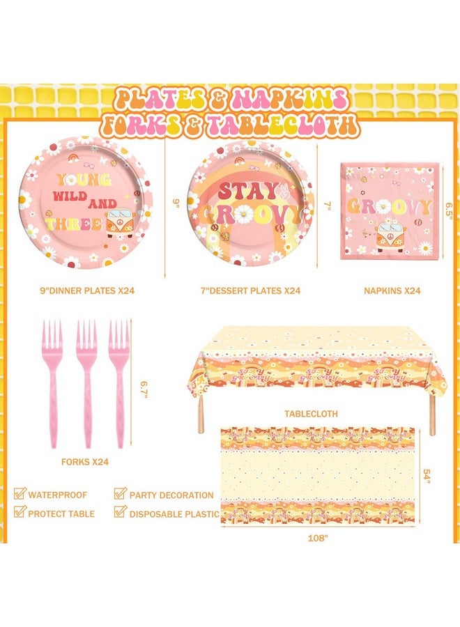 Hombae Young Wild and Three Party Decorations Girl, 3rd Birthday Decorations Girl, Boho Daisy Hippie Third Supplies, Retro Balloon Backdrop Banner Tablecloth Cake Topper Plates Napkins Forks 257 PC - Image 3