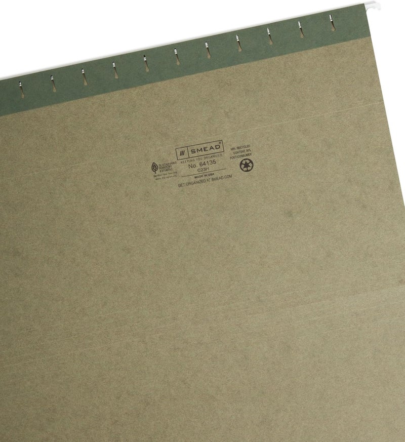 Smead Hanging File Folder with Tab 13Cut Adjustable Tab Legal Size Standard Green 25 per Box 64135