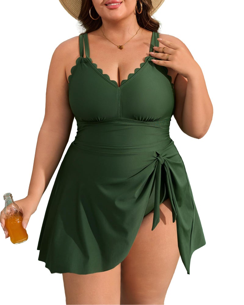 Charmo Plus Size Swimsuit for Women Swim Dress Scalloped One Piece Tummy Control Bathing Suit Ruched Swim Suits 2026 Green 2X - Image 1