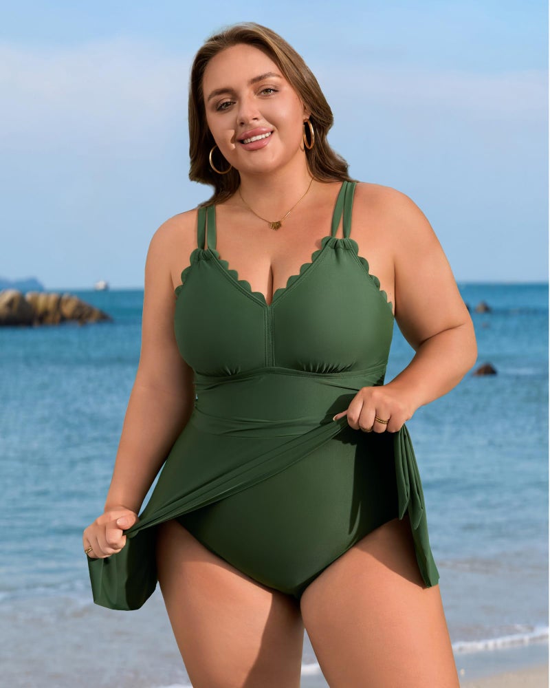 Charmo Plus Size Swimsuit for Women Swim Dress Scalloped One Piece Tummy Control Bathing Suit Ruched Swim Suits 2026 Green 2X - Image 3