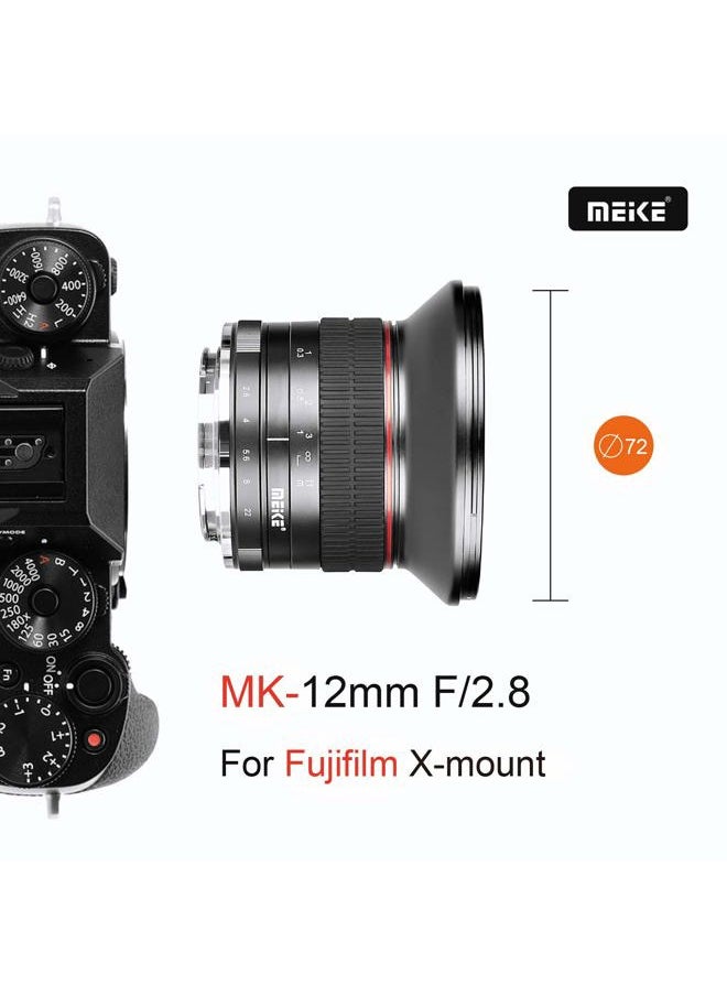 Meike - 12mm f2.8 Ultra Wide Angle Fixed Lens with Removeable Hood for Fujifilm Mirrorless Camera with APS-C such as X-T1 X-T2 X-T3 X-T4 X-T20 X-T10 X-T30 X-T100 X-T200 X-Pro2 X-E3 X-Pro3 X-A X-E1 - Image 1