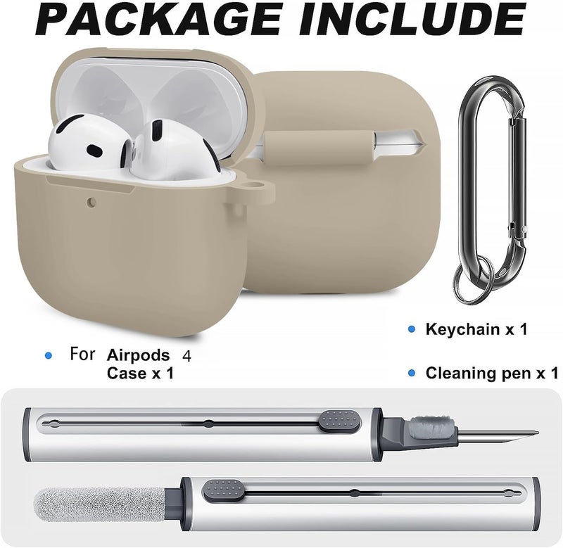 غطاء سيليكون لحافظة AirPods الجيل الرابع، جلد ناعم، حماية كاملة، سلسلة مفاتيح، عدة تنظيف (حليب الشاي) - Image 3