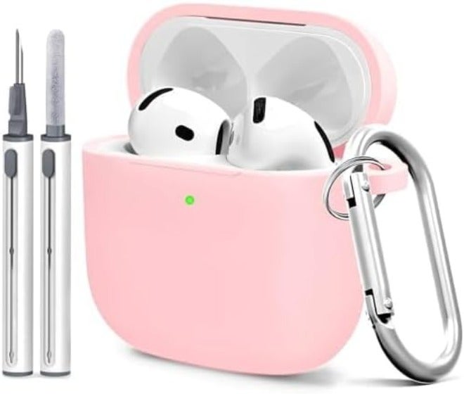 غطاء سيليكون لحافظة AirPods الجيل الرابع، جلد ناعم، حماية كاملة، سلسلة مفاتيح، عدة تنظيف (حليب الشاي) - Image 1