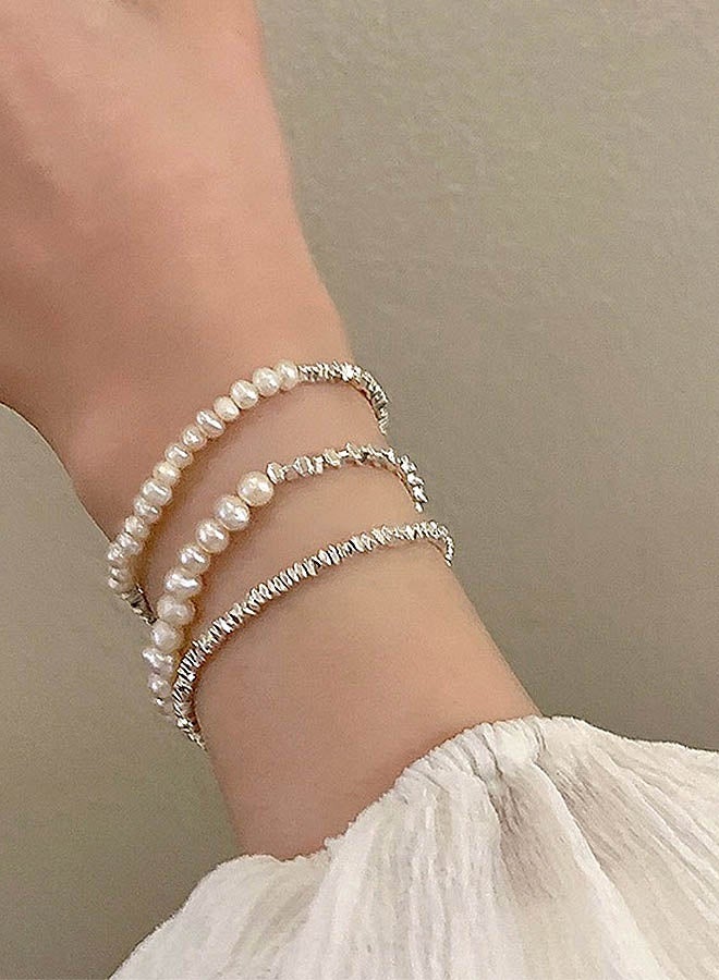 JUNO & Co. Women'S Pearl Bracelet 3-Piece Set, Exquisite Silver Beaded Elastic Bracelet, Can Be Stacked, Suitable For Weddings, Balls, Brides And Bridesmaids - Image 1