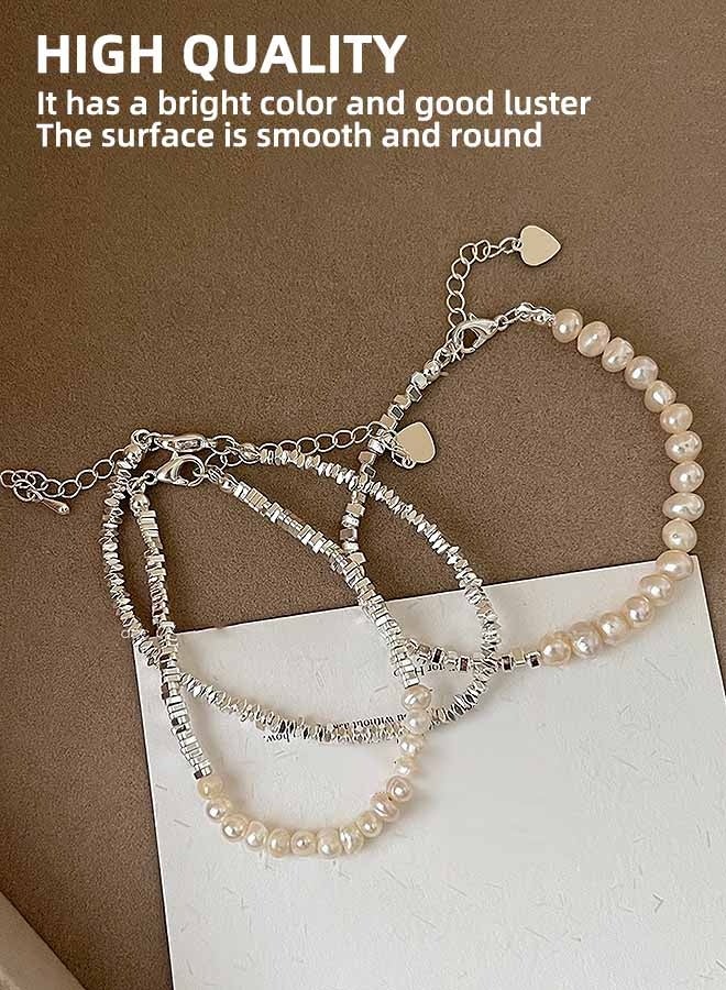 JUNO & Co. Women'S Pearl Bracelet 3-Piece Set, Exquisite Silver Beaded Elastic Bracelet, Can Be Stacked, Suitable For Weddings, Balls, Brides And Bridesmaids - Image 2