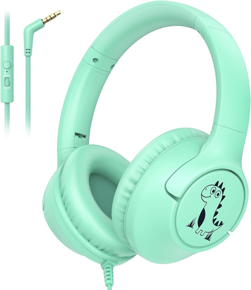 Botesty Sound Kids Headphones with Cord, 85/94dB Volume Limit, Wired Over-Ear Headphones for Kids Boys Girls with Microphone, 4.9ft Long No-Tangle Cord, Stereo Sound 3.5mm Plug for Kindle Tablet School, Green - Image 1