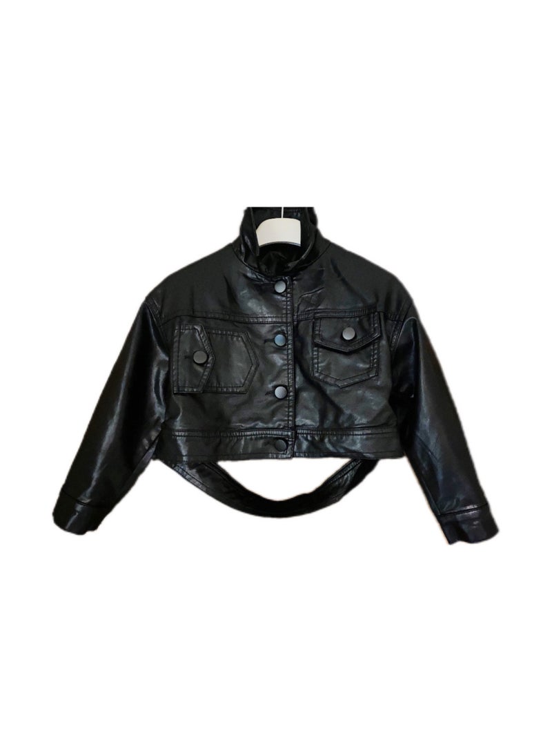 Girl's Fashionable Faux Leather Long Sleeved Jacket with Short Pockets Children's Jacket Party Birthday Party Daily Baby's Clothing2-10years  - Image 1