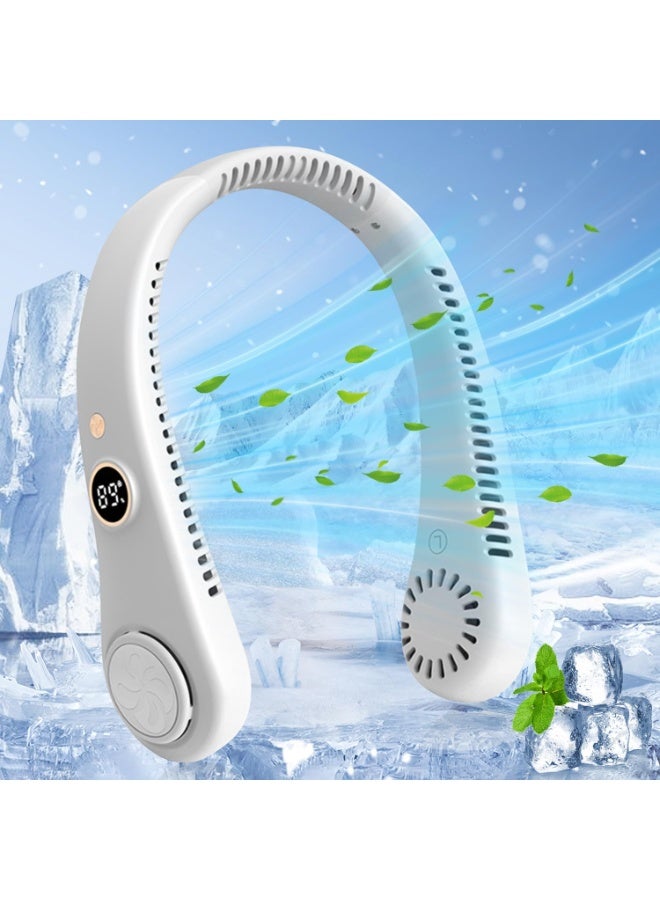 جين فان ل أنا مروحة رقبة، مروحة شخصية بدون شفرات، تبريد تدفق هواء 360 درجة، مروحة تبريد قابلة لإعادة الشحن، 5 سرعات قابلة للتعديل مع شاشة رقمية، مروحة رقبة يمكن ارتداؤها للمنزل والمكتب والسفر والرياضة - أبيض - Image 1
