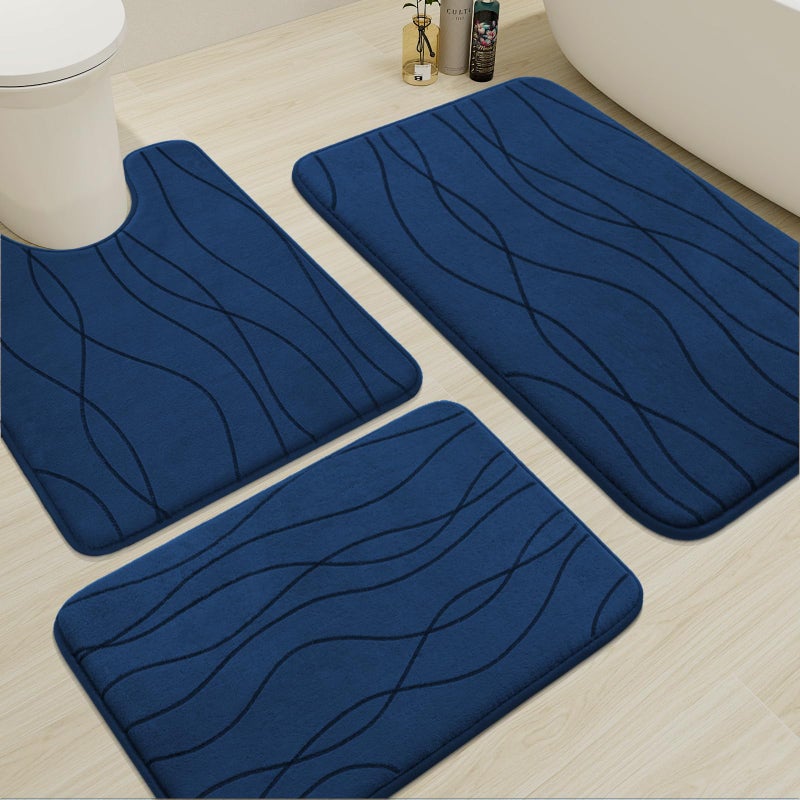 YIHOUSE Memory Foam Blue Bathroom Rug Sets 3 Piece Ultra Absorbent Bath Mat for Bathroom  NonSlip Machine Washable  Dry Quickly 3 Piece Bathroom Mat Set Navy Blue