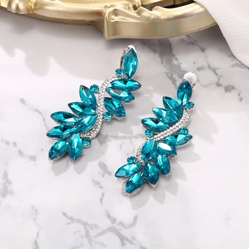 BriLove Wedding Bridal Clip-On Earrings for Women Crystal Multi Marquise Filigree Flower Chandelier Dangle Jewelry Aquamarine Color Silver-Tone - Image 3