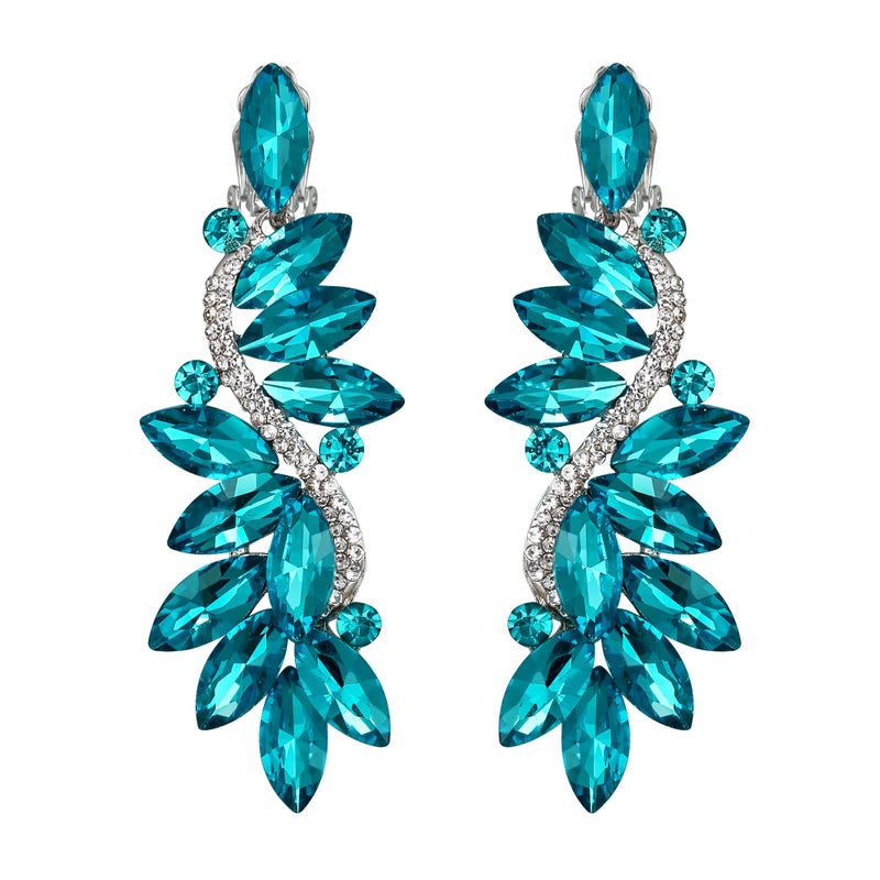 BriLove Wedding Bridal Clip-On Earrings for Women Crystal Multi Marquise Filigree Flower Chandelier Dangle Jewelry Aquamarine Color Silver-Tone - Image 5