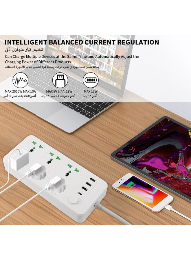 شريط طاقة مع حماية من زيادة التيار، 6 منافذ عالمية، منفذ USB-C واحد و3 منافذ USB-A، سلك تمديد 2 متر، أبيض - Image 4
