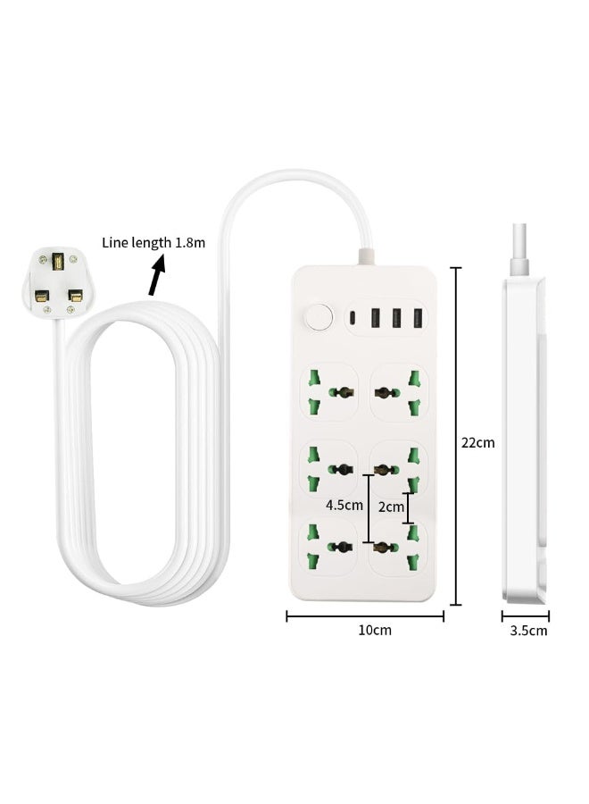 شريط طاقة مع حماية من زيادة التيار، 6 منافذ عالمية، منفذ USB-C واحد و3 منافذ USB-A، سلك تمديد 2 متر، أبيض - Image 2