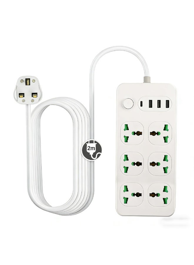 شريط طاقة مع حماية من زيادة التيار، 6 منافذ عالمية، منفذ USB-C واحد و3 منافذ USB-A، سلك تمديد 2 متر، أبيض - Image 1