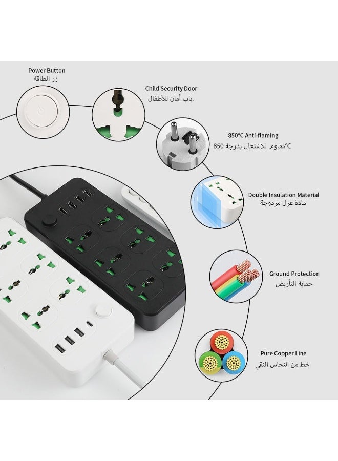 شريط طاقة مع حماية من زيادة التيار، 6 منافذ عالمية، منفذ USB-C واحد و3 منافذ USB-A، سلك تمديد 2 متر، أبيض - Image 3