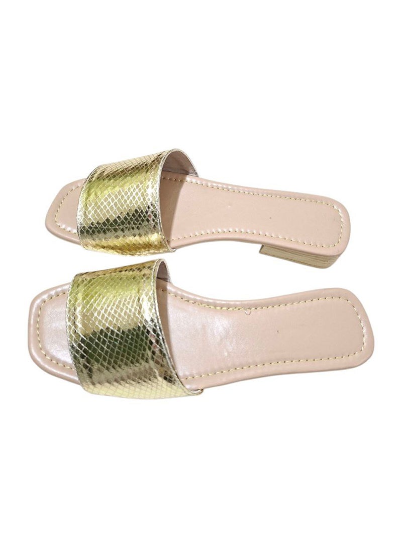 Karisma Simple Strap Flat Squared Toe Slippers With Snake Print Material - Image 2