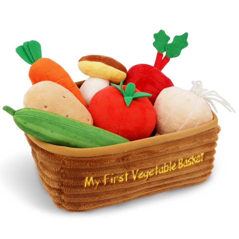 June Garden My First Vegetable Basket 7 Pcs Plush Interactive Pretend Play Food Playset Includes Basket Carrier Cucumber Carrot Tomato Potato Mushroom Radish and Garlic Ages 2 - Image 3
