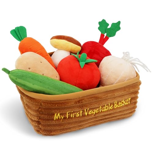 June Garden My First Vegetable Basket 7 Pcs Plush Interactive Pretend Play Food Playset Includes Basket Carrier Cucumber Carrot Tomato Potato Mushroom Radish and Garlic Ages 2 - Image 1
