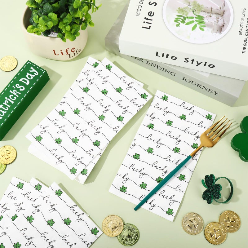 Whaline مناديل ورقية للضيوف من وايلين 100 قطعة لعيد سانت باتريك، مناديل قابلة للتصرف مع ورقة البرسيم المحظوظ، مناديل حمام للضيوف لتزيين طاولة الحفلات الإيرلندية - Image 4