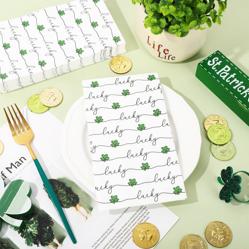 Whaline مناديل ورقية للضيوف من وايلين 100 قطعة لعيد سانت باتريك، مناديل قابلة للتصرف مع ورقة البرسيم المحظوظ، مناديل حمام للضيوف لتزيين طاولة الحفلات الإيرلندية - Image 3