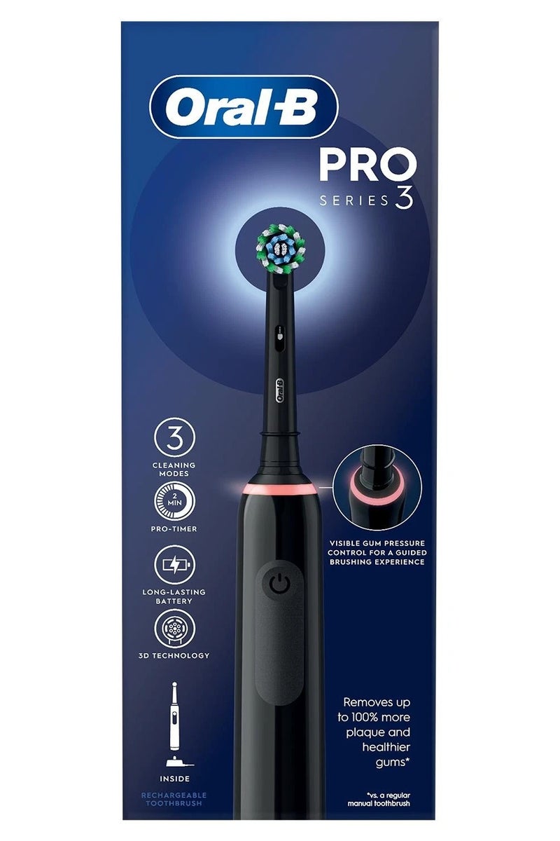 Oral-B Oral-B Pro 3 Electric Toothbrush with Smart Pressure Sensor, Cross Action Toothbrush Head, 3000 Black - Image 1