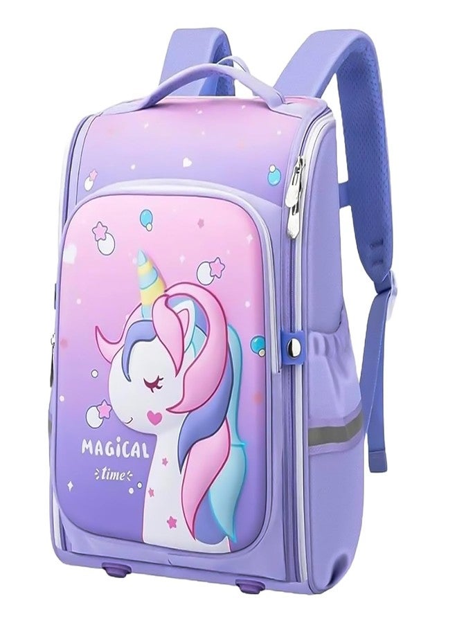CHITDAX 3D Unicorn Water-Resistant School Bag Cute Cartoon Backpack For Kids Double Shoulder Bag For Kids 6-12 Years Old (Purple) - Image 1