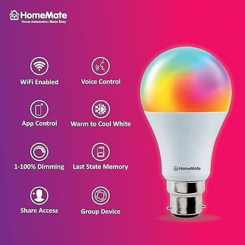 Home Mate HomeMate Wi-Fi RGB+CCT Smart LED Bulb | 9 Watt, Music Sync | Last State Memory | 16 Million Colors | Warm and Cool White | Compatible with Alexa, Google Assistant & Siri (Base B22) - Image 2