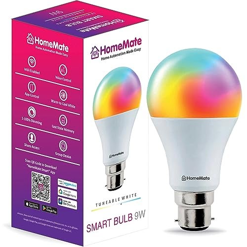 Home Mate HomeMate Wi-Fi RGB+CCT Smart LED Bulb | 9 Watt, Music Sync | Last State Memory | 16 Million Colors | Warm and Cool White | Compatible with Alexa, Google Assistant & Siri (Base B22) - Image 1