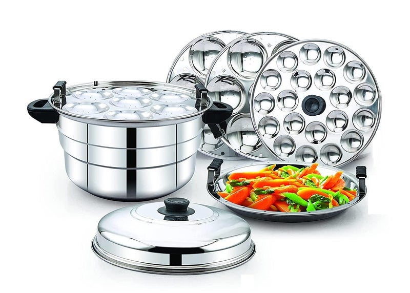 KLASSI KICHEN Idli Maker Stainless Steel - Idli Cooker with 3 Plates for idly, 1 plate for mini idly & 1 plate steamer| Idli maker induction base & Gas Stove Compatible (21 Idlies & 20 mini idlies) - Image 1