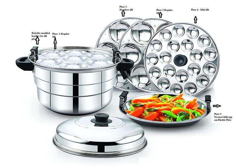 KLASSI KICHEN Idli Maker Stainless Steel - Idli Cooker with 3 Plates for idly, 1 plate for mini idly & 1 plate steamer| Idli maker induction base & Gas Stove Compatible (21 Idlies & 20 mini idlies) - Image 2