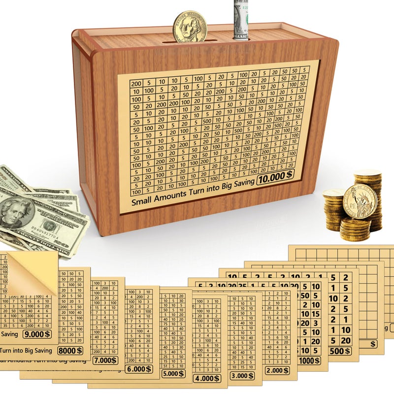 Piggy Bank for Adults Kids Wooden Coin Bank for Boys and Girls Cash Vault Money Saving Box with Counter 10000 5000 Savings Challenge Money Box with Money Target and Numbers Brown Box 13 Sheets