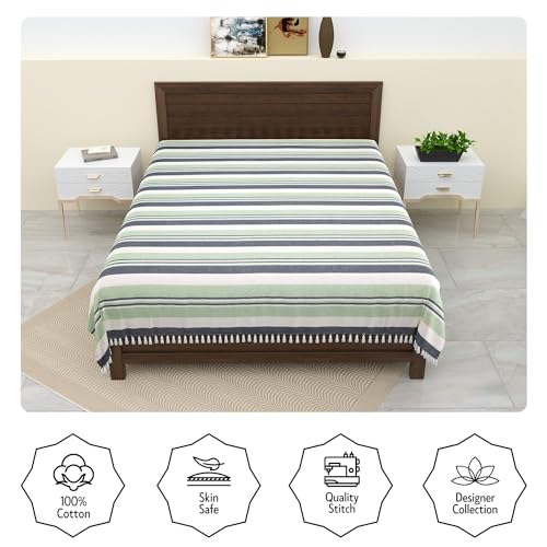 Värde Kerala Double Bedsheet Without Pillow Cover | Handloom Cotton Bedsheets for Double Bed | Woven Striped Bedcover | Breathable & Skin Friendly |Size 90X100 Inches,7.5x8.3 Feet (Coriander) - Image 4
