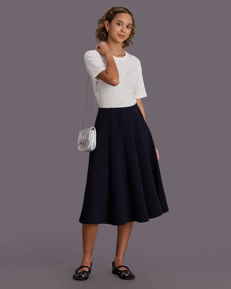 Redtag Senior Girls Navy Knitted Box Pleat Skirt