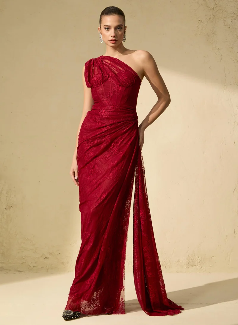 سنفير Quite Perfect Red One-Shoulder Lace Corset Maxi Dress