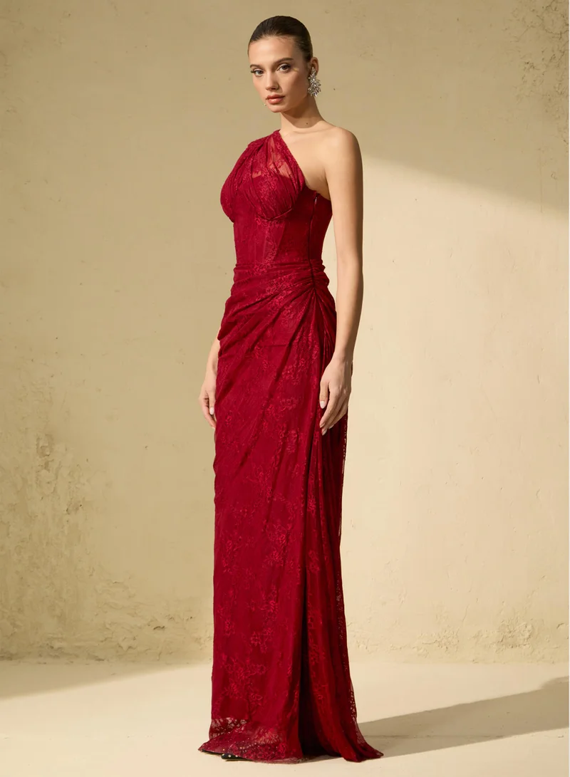 سنفير Quite Perfect Red One-Shoulder Lace Corset Maxi Dress