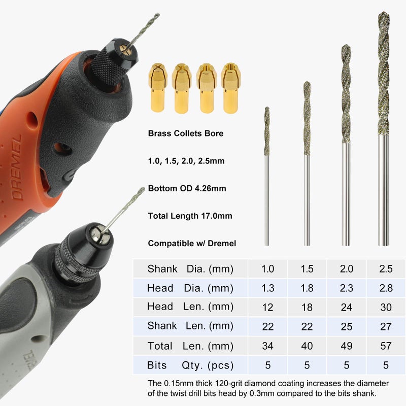 Sworker Diamond Drill Bits 1mm 1.5mm 2mm 2.5mm 5 Each 120-Grit 20Pcs with 4 Collets Compatible with Dremel Rotary Tool for Sea Glass Stone Shells Jewelry Making Porcelain Ceramic Gems - Image 2