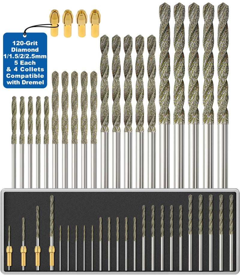 Sworker Diamond Drill Bits 1mm 1.5mm 2mm 2.5mm 5 Each 120-Grit 20Pcs with 4 Collets Compatible with Dremel Rotary Tool for Sea Glass Stone Shells Jewelry Making Porcelain Ceramic Gems - Image 1